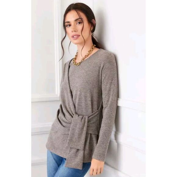 Karen Kane Women's Drape Front Heathered Brushed Knit Top, Taupe SOFT Sz Small - Picture 1 of 4